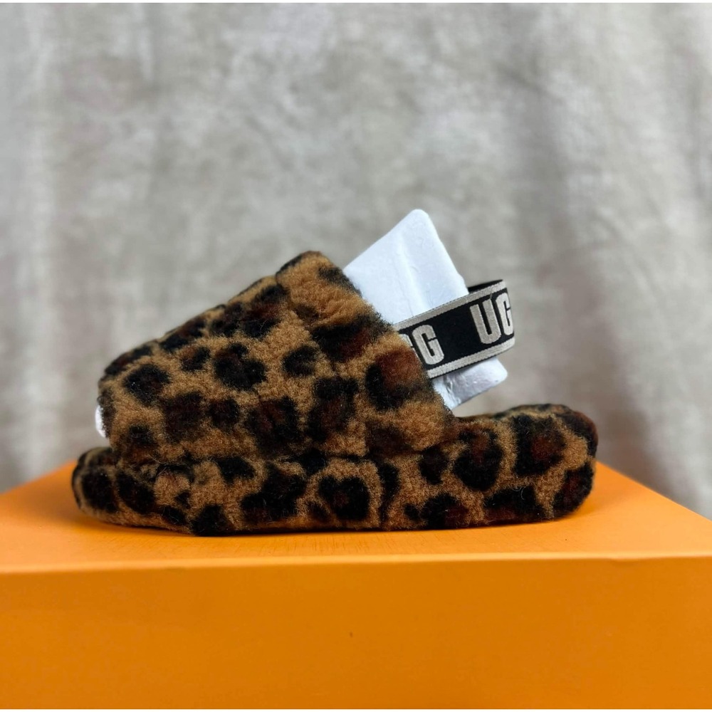 UGG Fluff Yeah Slide Leopard Print Sheepskin Platform Sandals Brown Tan Womens 7